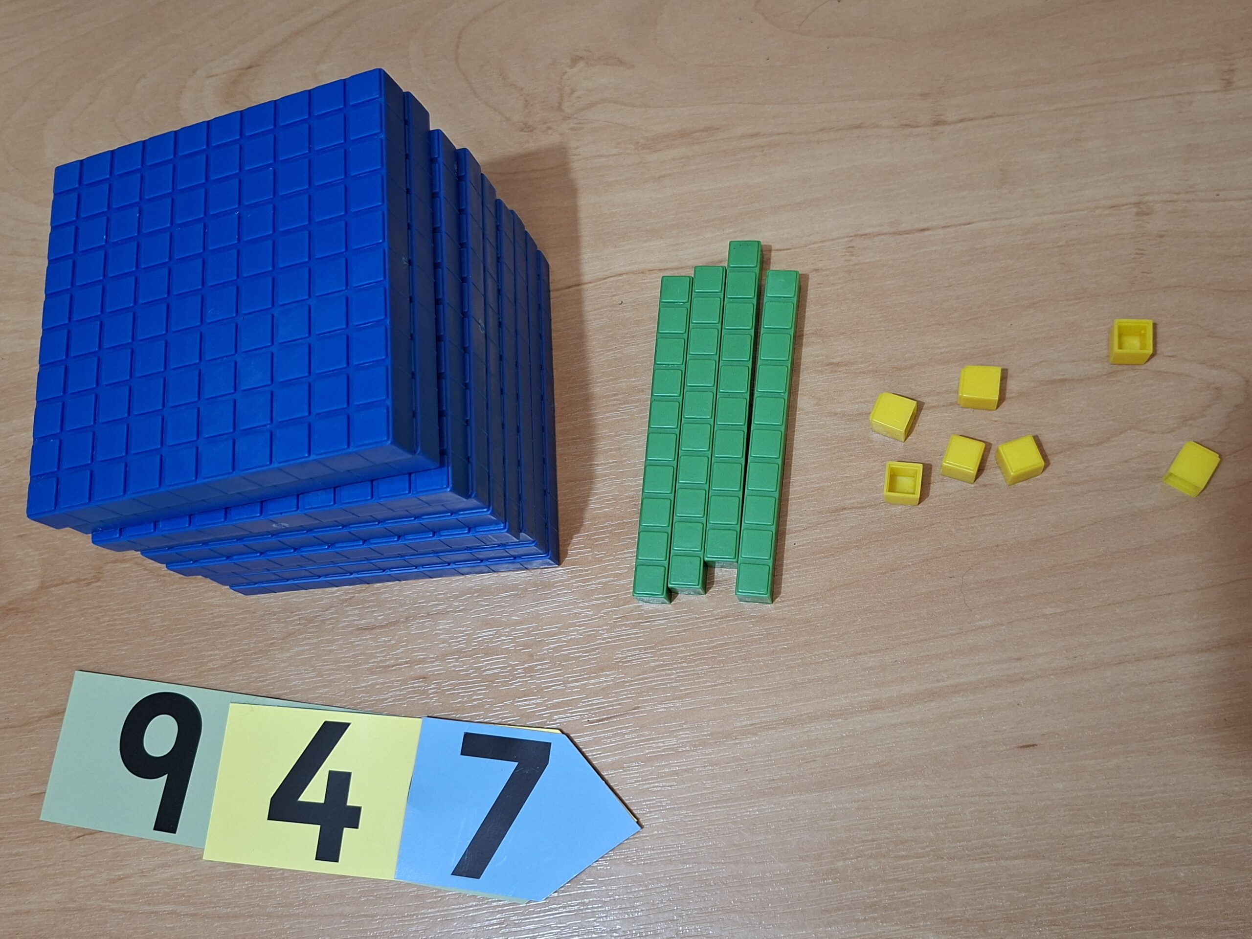 blocks and arrow cards to show the number 947 